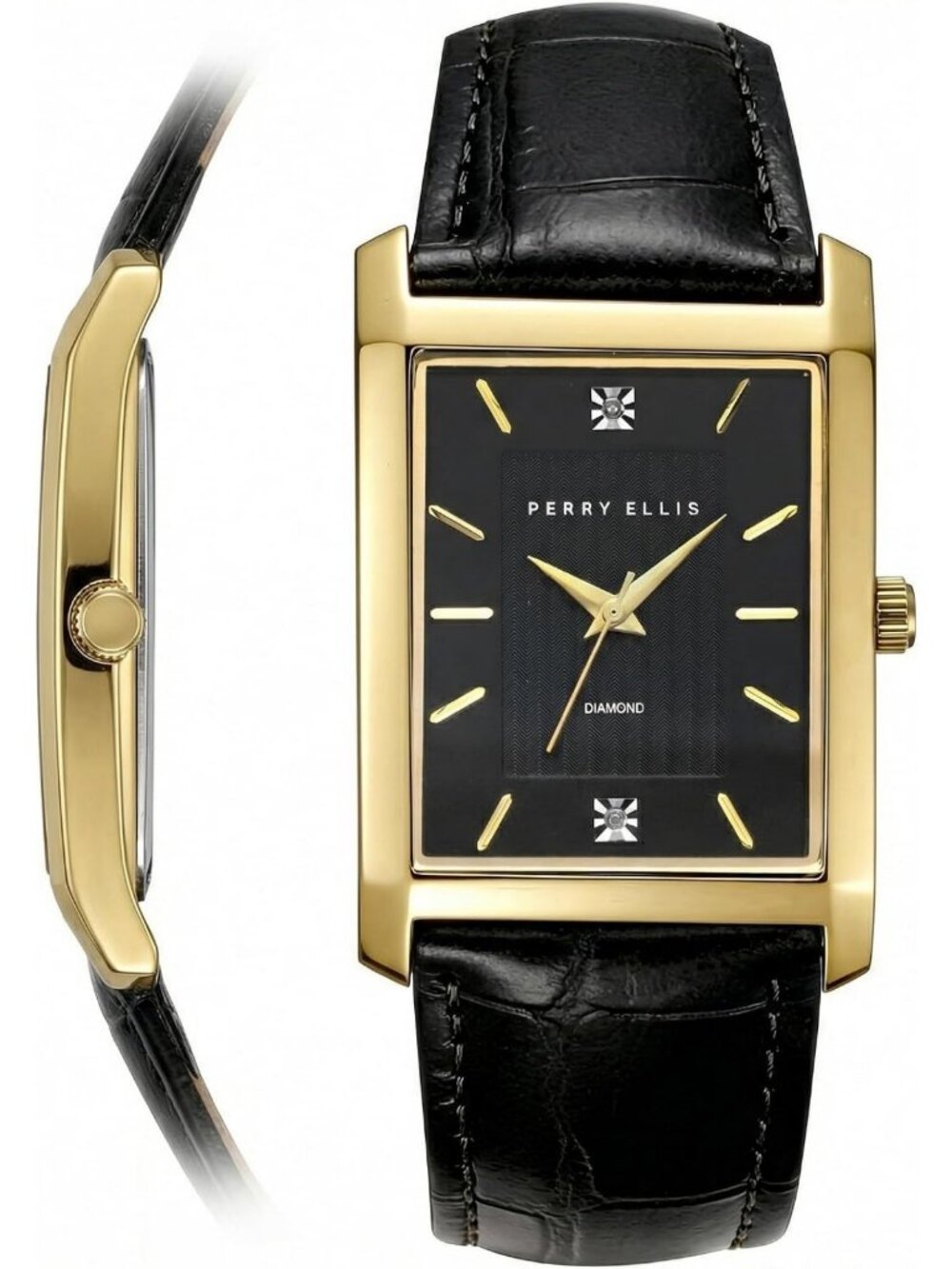 Ultra Slim Men's Watch - Rectangular Gunmetal, Blue Dial, Diamond Accents, Brown